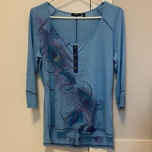 Apt. 9 Women's Long Sleeve Blue Feather Top women’s S